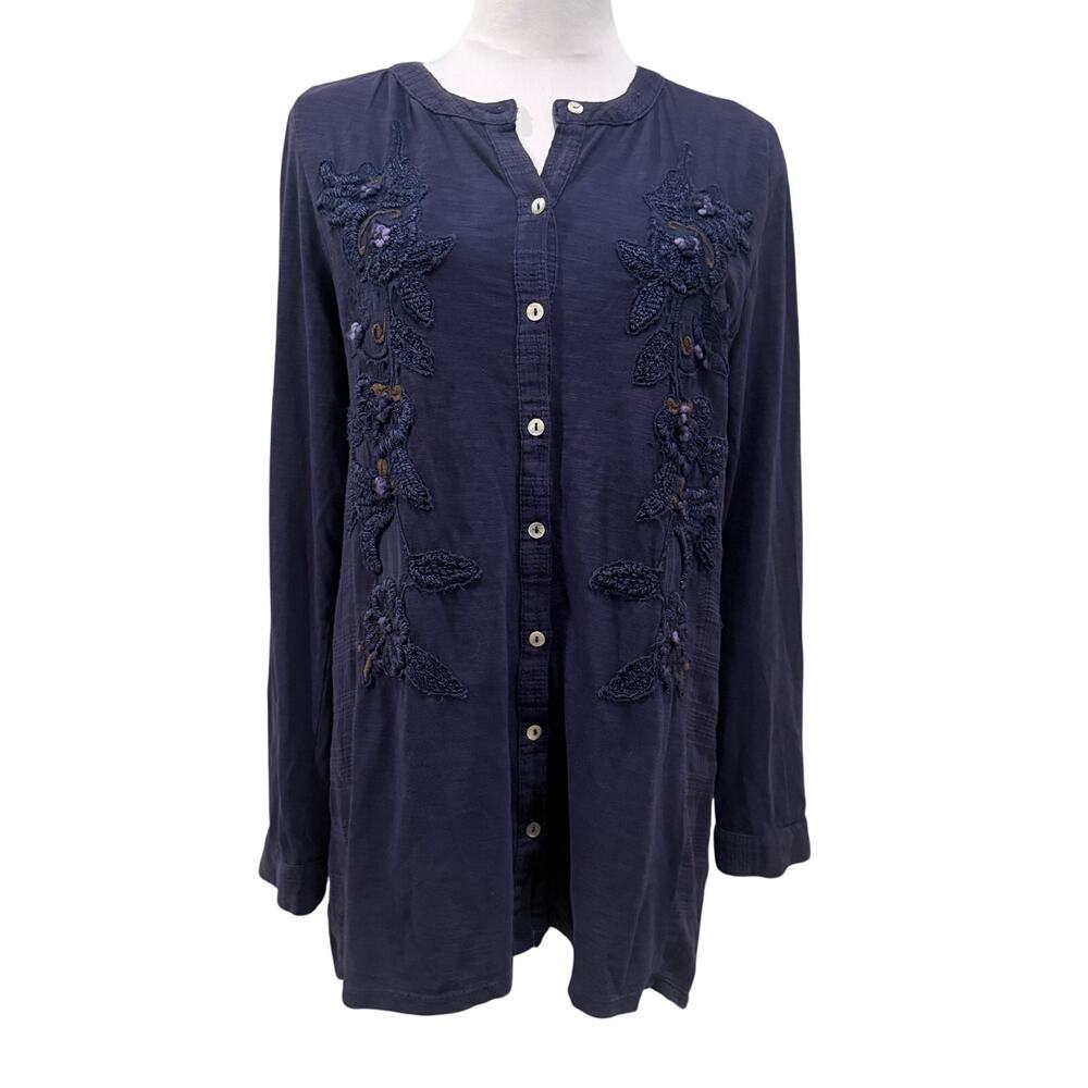Soft Surroundings Navy Blue Embroidered Floral Cotton Tunic Button Up Shirt Boho